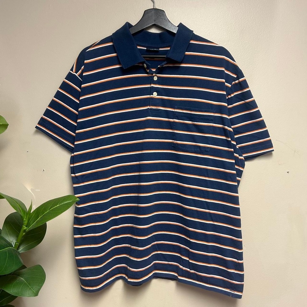 Cherokee Mens XL Polo Shirt Navy Blue Orange Striped Y2K Retro Short Sleeve